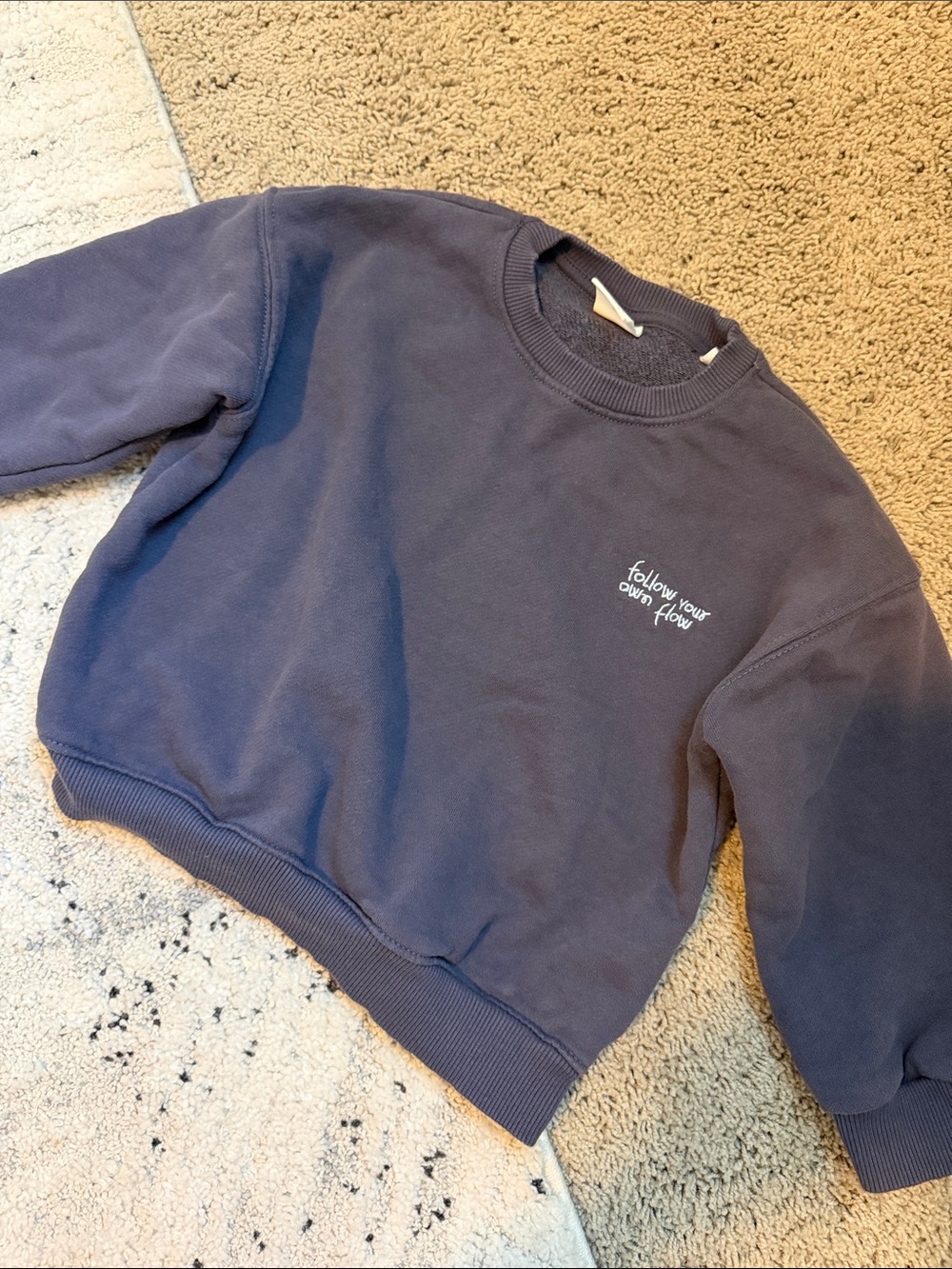 Zara Navy Sweatshirt with White 'Follow Your Own Flow' Embroidery